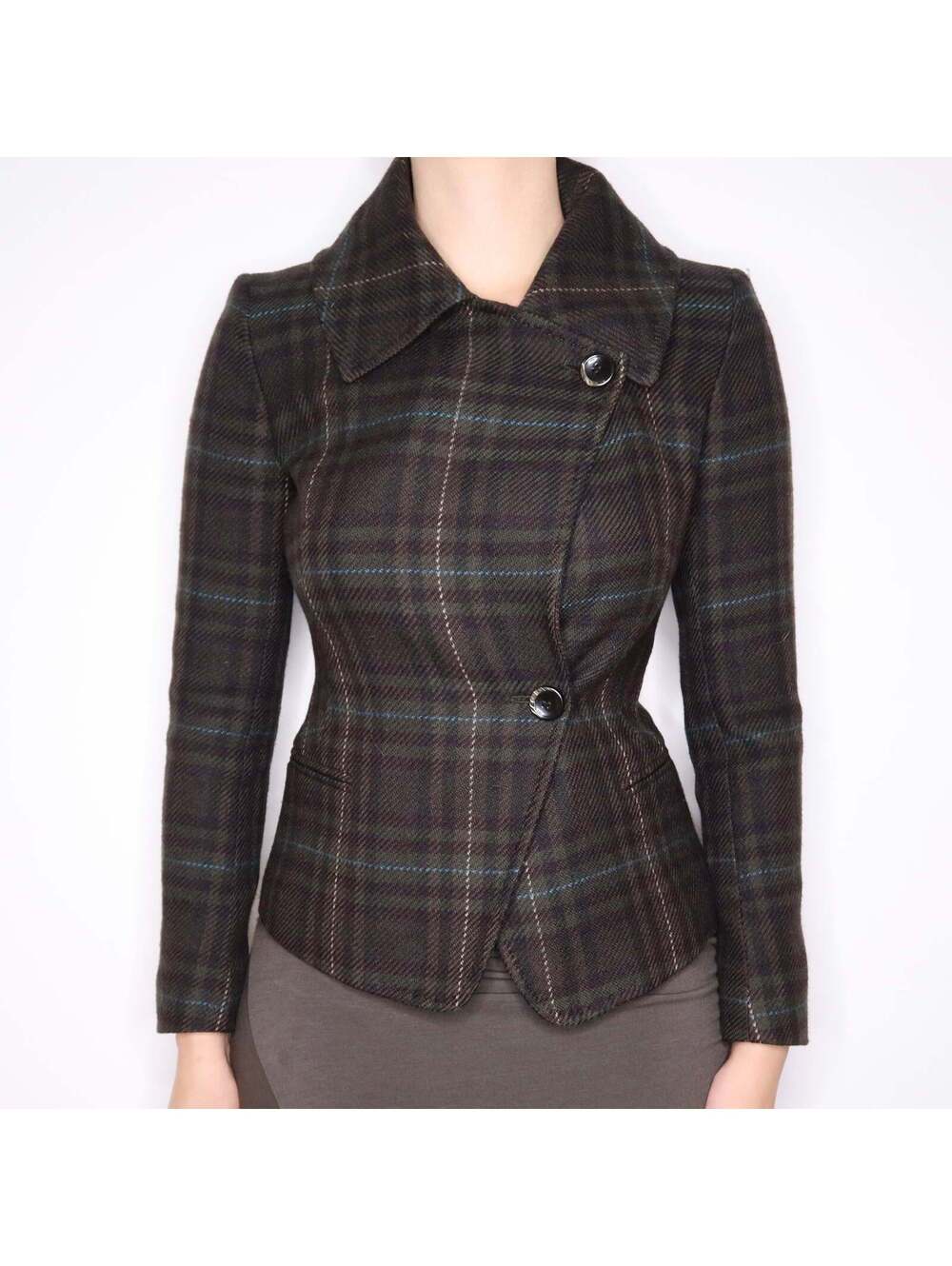 Y2K MAX MARA Dark Green Plaid Wool Coat (S)